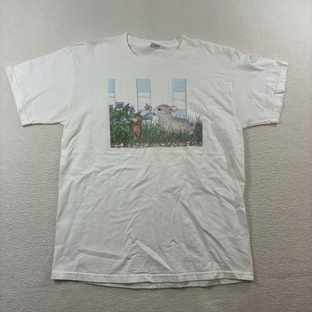 Vintage House Mouse T Shirt Women L White Cute Bunny Rabbit Flower 2000 Janeskie